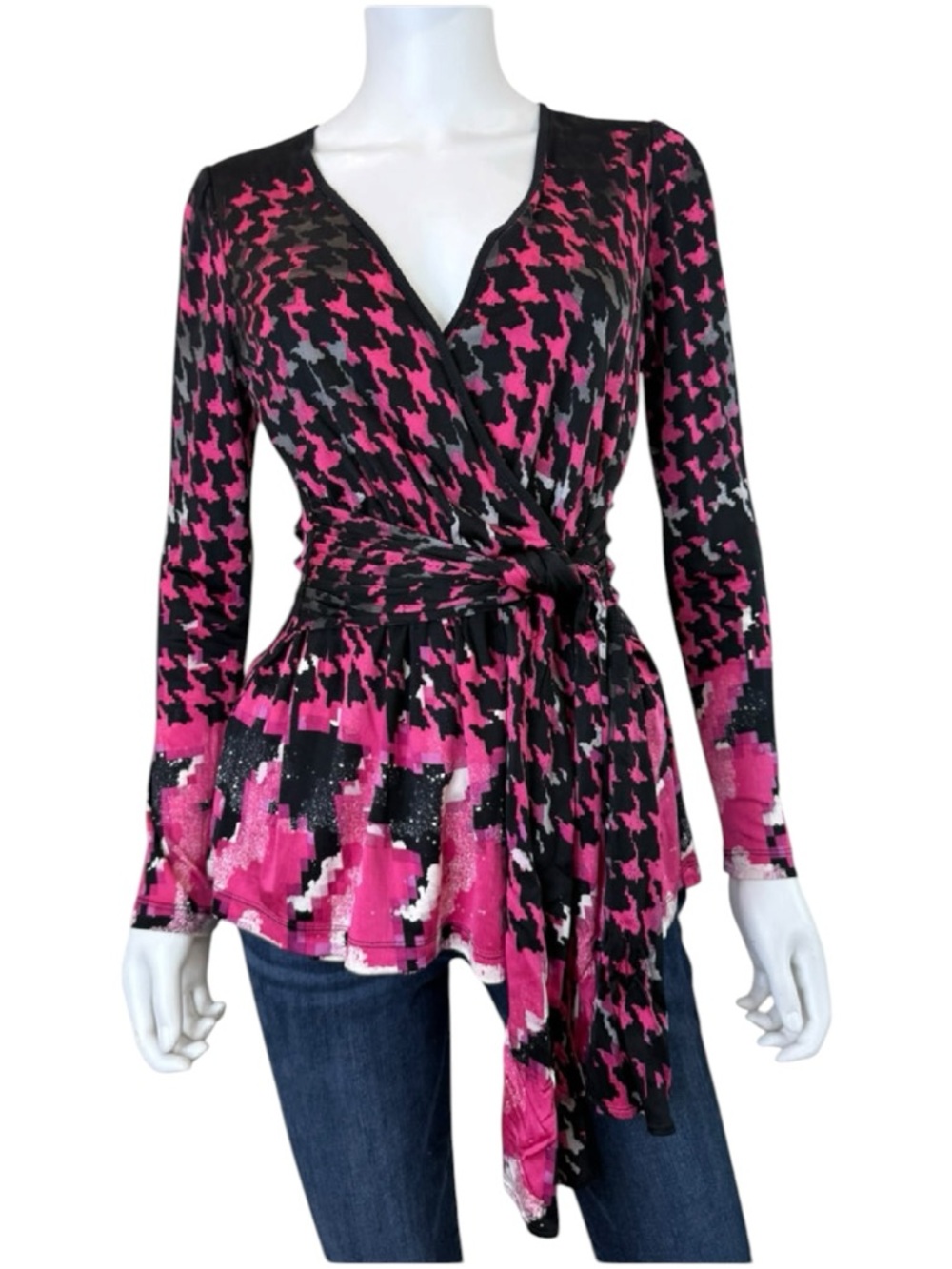 ETCETERA Pink Houndstooth 100% Silk Wrap Blouse Size M C0768